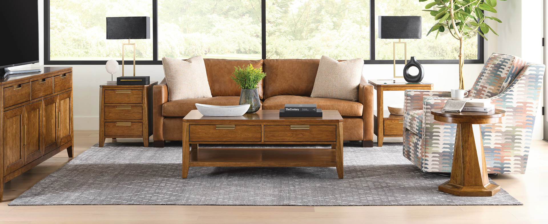 Aspire Solid Cherry Living Room Tables with Kincaid Leather Sofa and Fabric Chair  