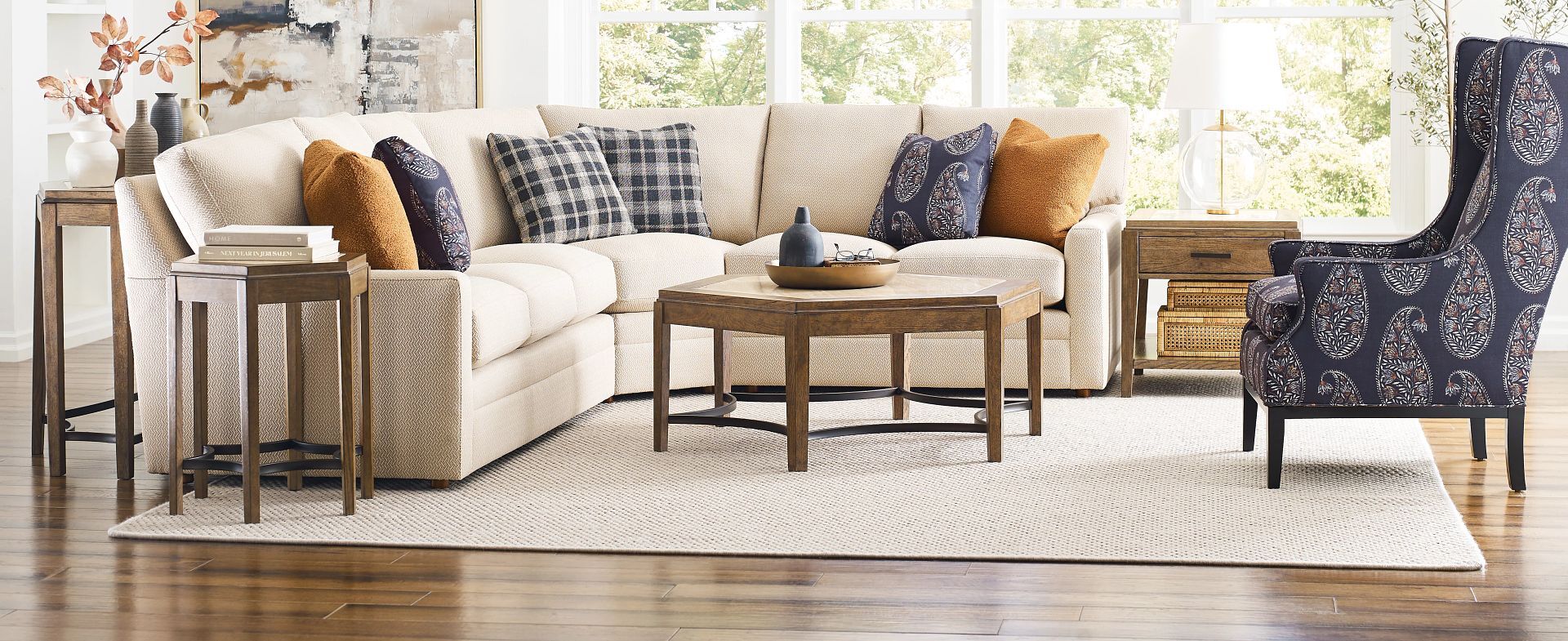 Brookside oak and travertine living room tables